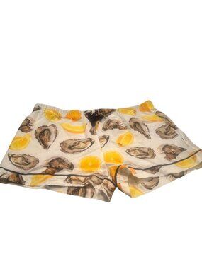 Katie Kime Oyster Lemon Pajama Shorts Womens  Elastic Waistband Bow Tie Cotton